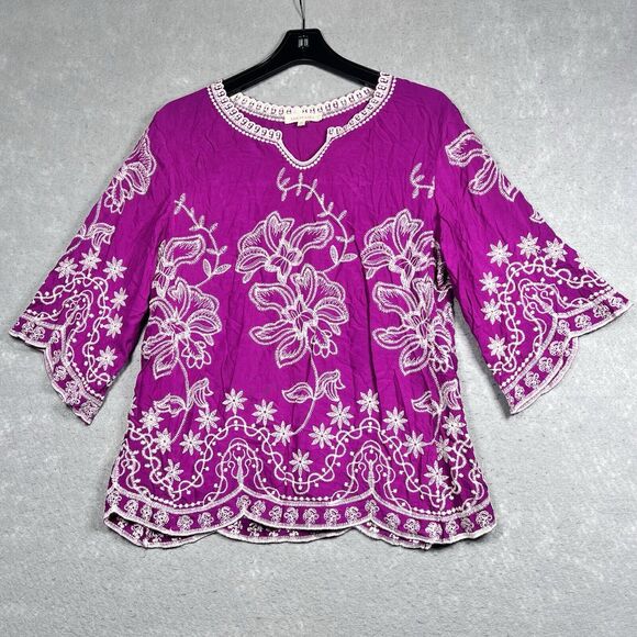 Solitaire Tunic Top Medium Floral Embroidered Scallop Trim Pullover Boho Blouse - Picture 1 of 11